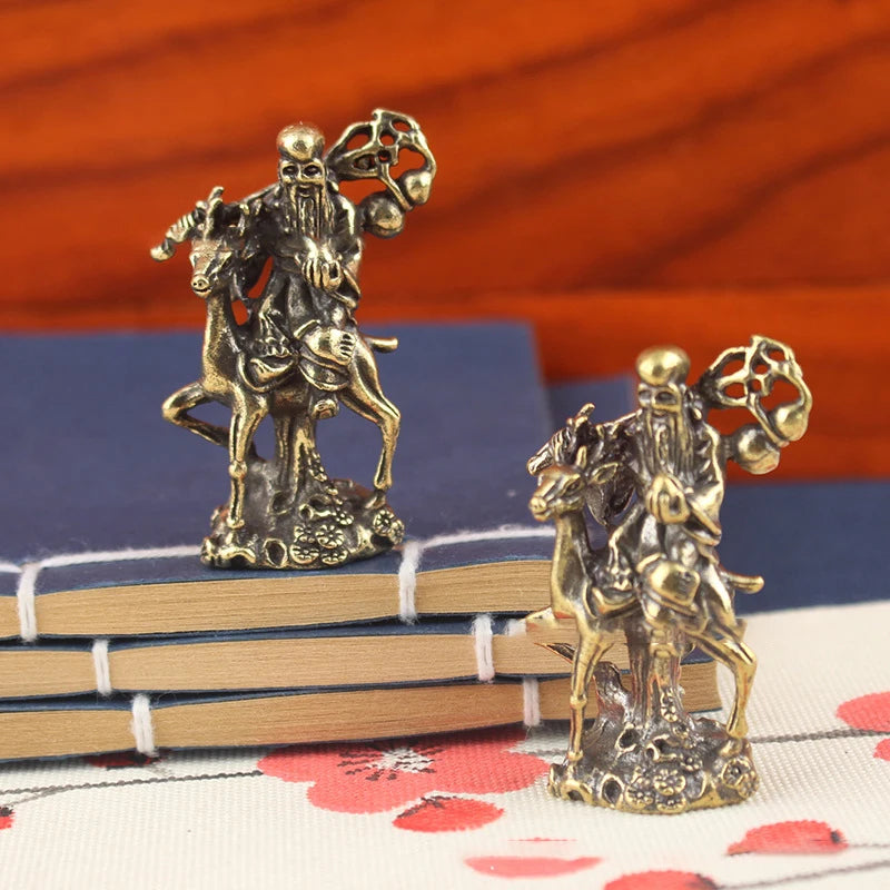 1Pcs Copper Chinese God Of Longevity Riding Deer Ornament Birthday Gifts Craft Antique Bronze Buddha Statue Figurine Miniature Zpaxo
