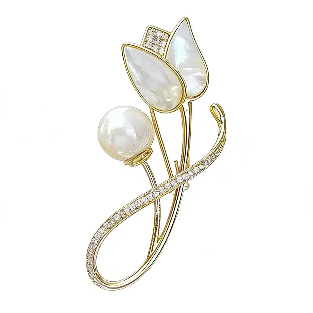Luxury Zircon Tulip Flower Pearl Brooches For Women Fashion Crystal Floral Leaf Lapel Pins Banquet Patry Clothes Corsage Jewelry Zpaxo H