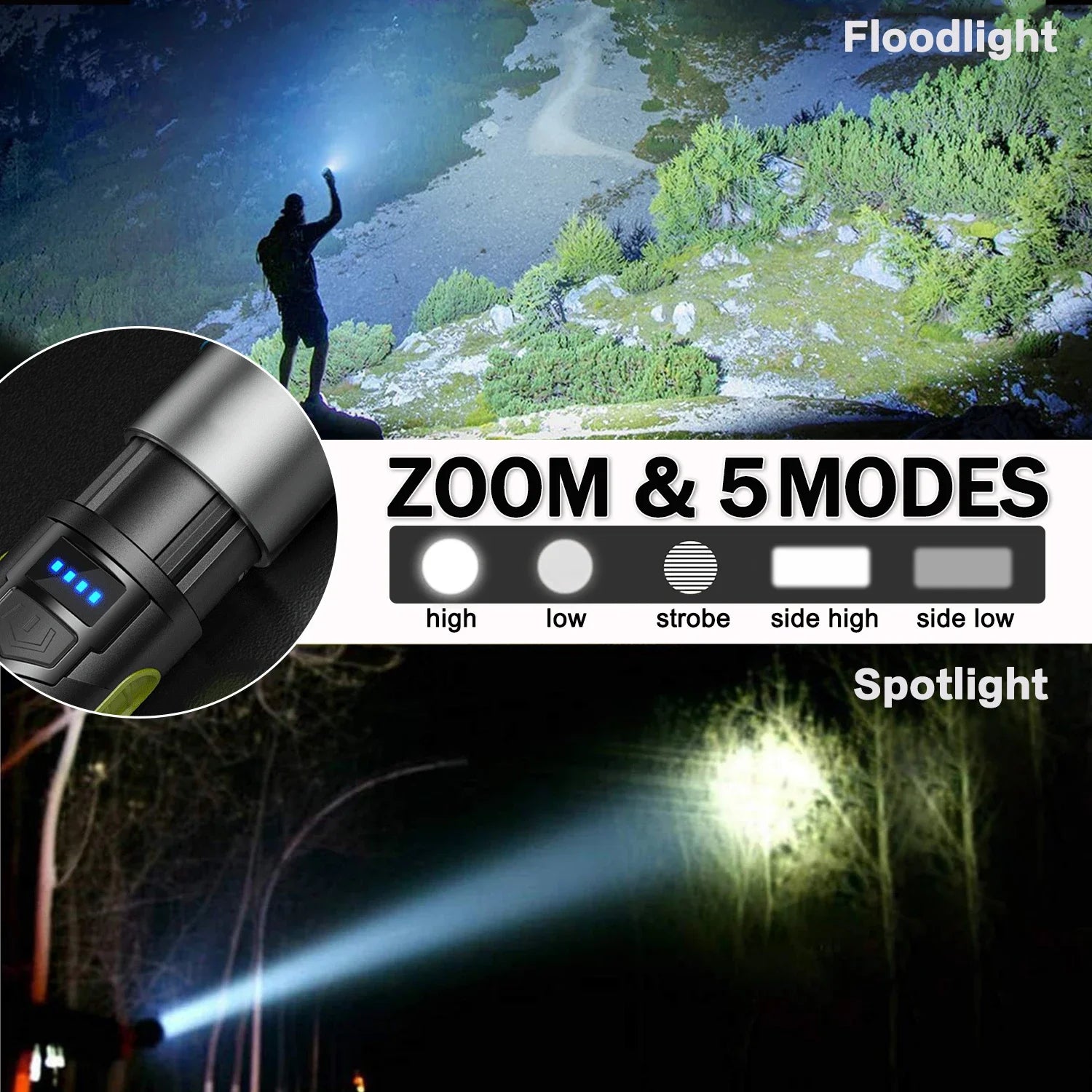 POCKETMAN 3800 Lumen LED Flashlight USB Rechargeable + Side Lights
