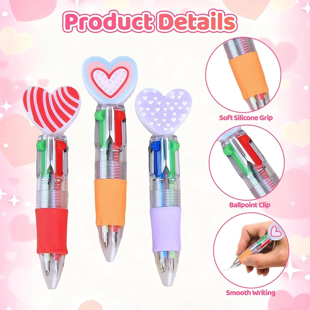 6/12Pcs Heart Ballpoint Pens Valentine's Day Gift 4-in-1 Mini Multicolor Pens for Birthday Party Teacher School Supplies Zpaxo