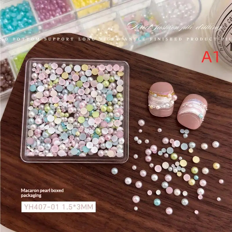 12-Grid 3D Pearl Nail Charms – Colorful Semi-Circle Bead Set