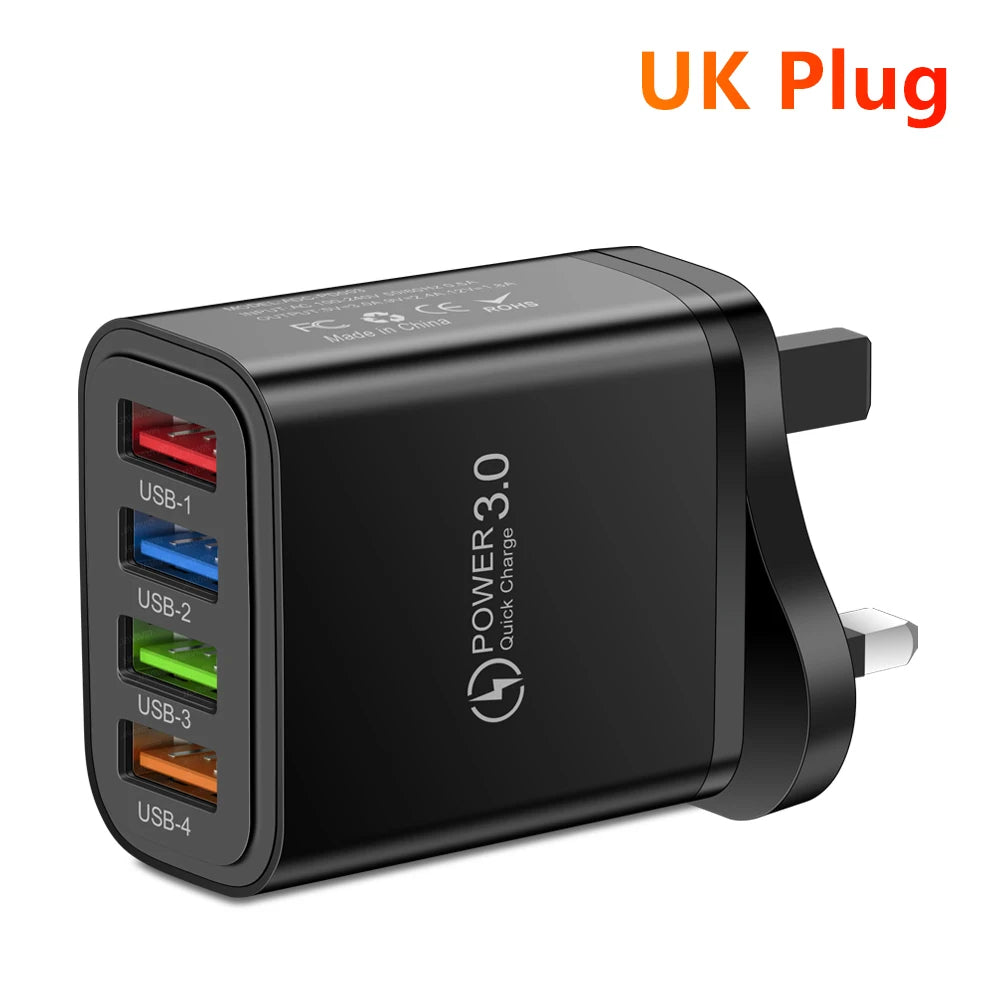 40W 4-Port USB Wall Charger QC 3.0 Fast Charging Adapter USB Wall Charger Zpaxo UK Black