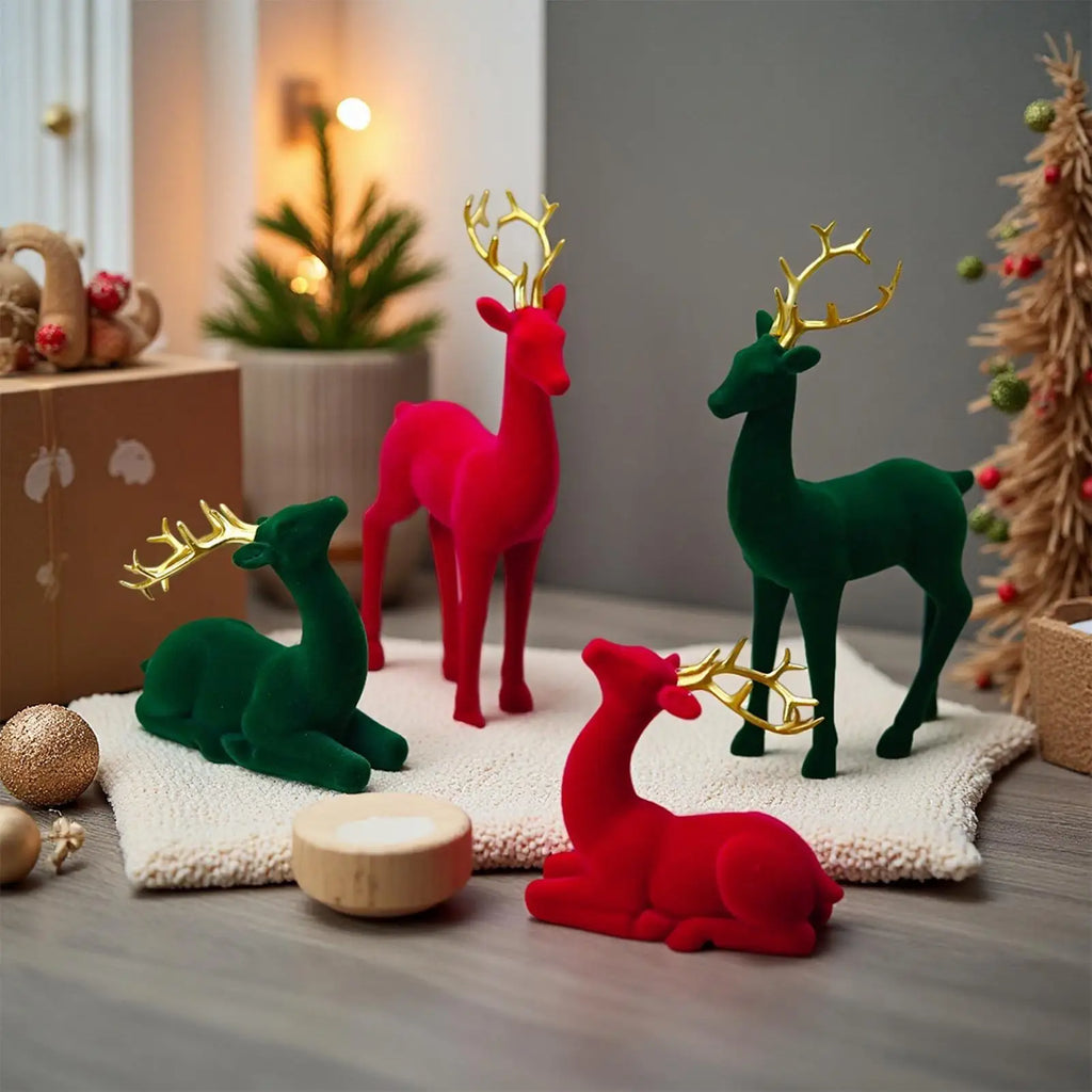 Reindeer Christmas Decor Flocking Deer Figures 2 Red Green Aesthetic
