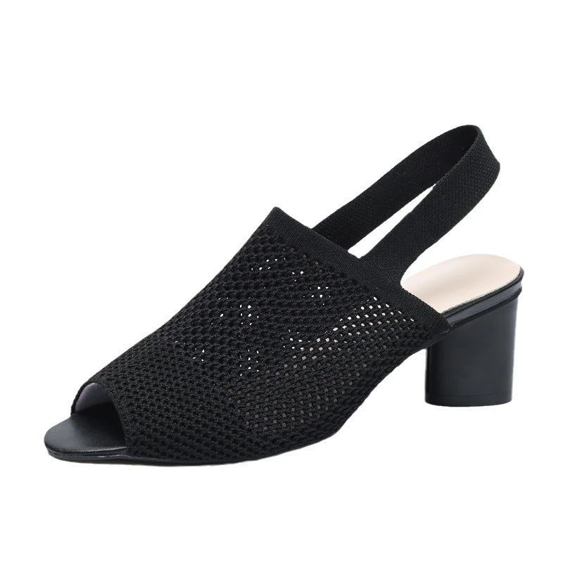 Fish Mouth Hollow Out Breathable Fabric Heel Block Sandals Womens Zpaxo