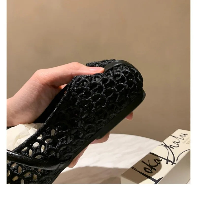 Flat Shoes for Women Spring and Autumn New French Square Toe Hollow Woven Flat Belt Breathable Beach Shallow Mouth Ladies Shoe Zpaxo