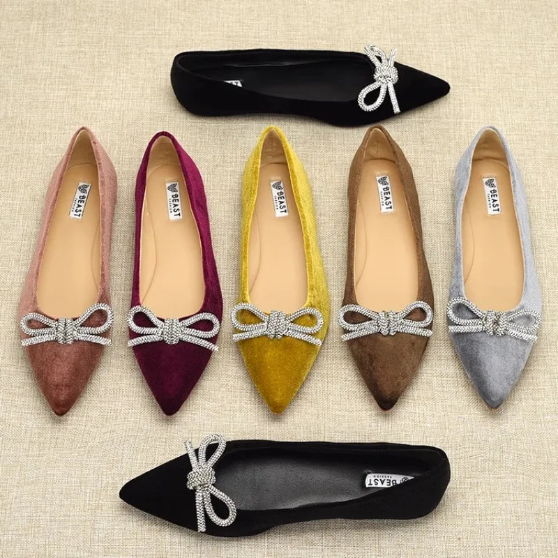 Flat Shoes for Women Spring Autumn New 2025 Butterfly Bow Diamond Velvet Pointed Toe Shallow Mouth Flat Plus Size Women's Shoe Zpaxo
