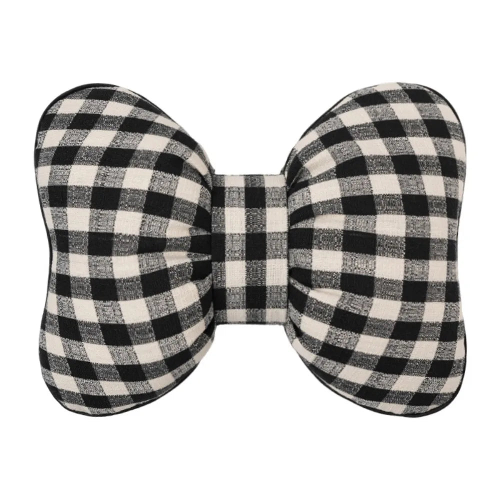 Pink Color Bowknot Pillows Plaid Interior Cute Design Car Seat Neck Rest Grid Pattern Bowknot Shape Bow Shape Pillow Adults Use Zpaxo Black backrest