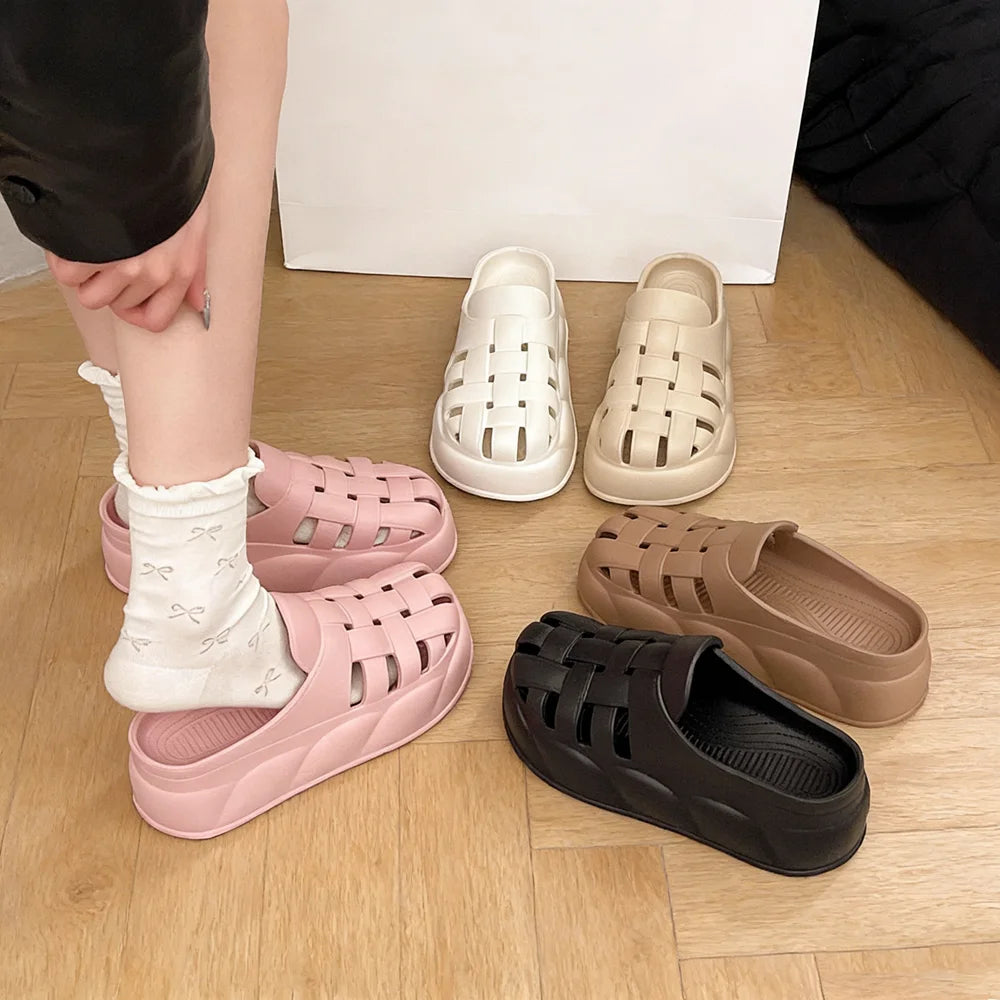 SHAJI Women Cloud Woven Sandals Closed Toe Hollow Thick Sole Slides