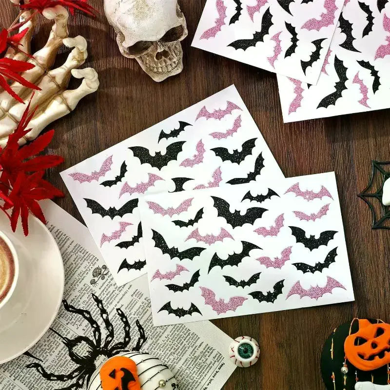 500Pcs/roll Laser Black Bat Waterproof Glitter Self-Adhesive Decals Halloween Bat Stickers For Party Scrap DIY Accessories Zpaxo