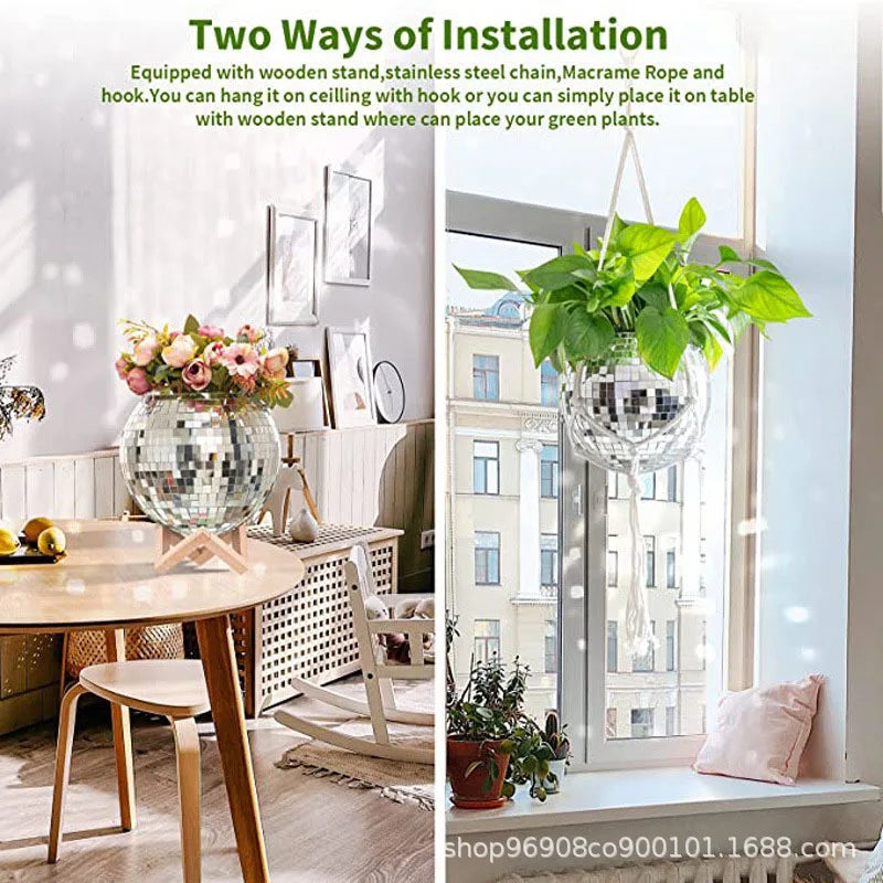 Disco Mirror Ball Hanging Flower Pot Basket Indoor Ornament