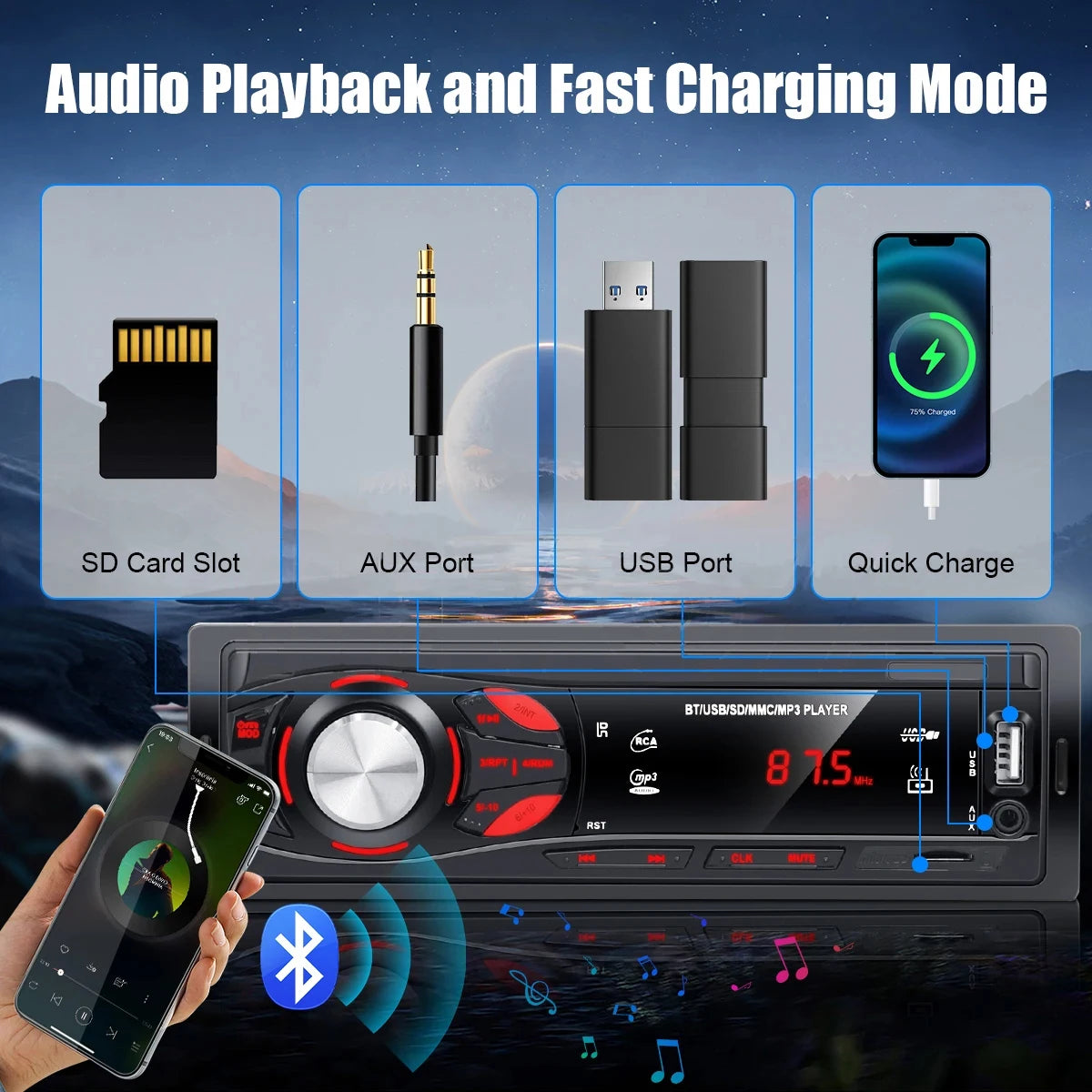 PHONEPACE Bluetooth Car Stereo 4x15W Audio FM Radio MP3 Player USB SD