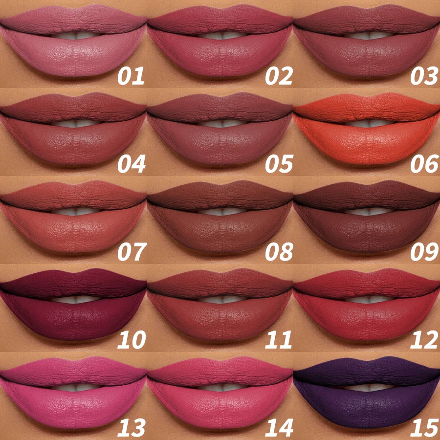 15-Color Velvet Matte Lipstick Pencil Waterproof Red Brown Pink Long