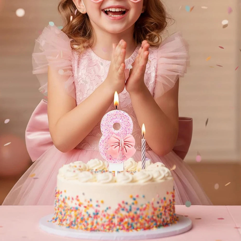 Pink Bow Number Candle Glitter Candle Cake Topper 0-9 for Birthday Anniversary Party Cake Decoration Gifts Zpaxo
