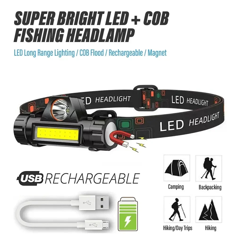 Rechargeable XPE COB LED Headlamp – Fishing, Camping & Work