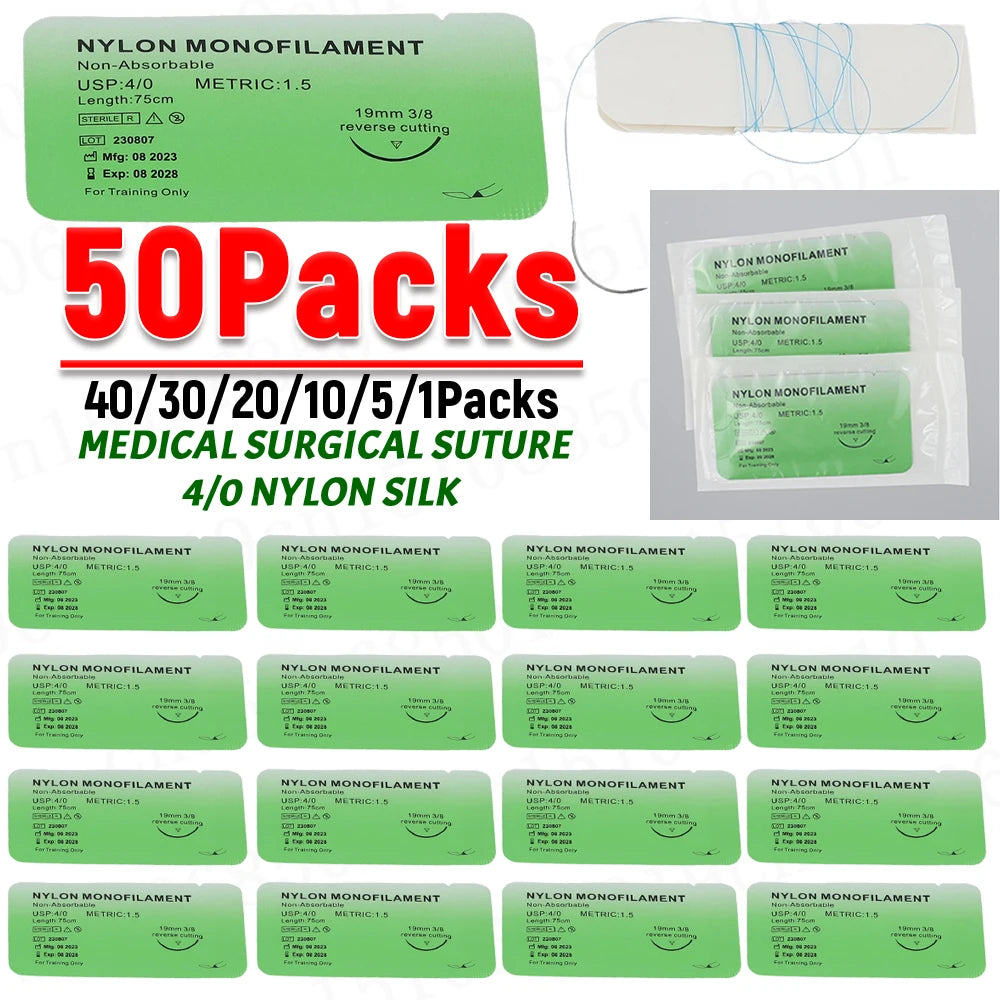 50-1PCS 4/0 Medical Thread Suture Nylon Silk Veterinary Practice Suture Kit Non-injured for Medical Students Education Zpaxo