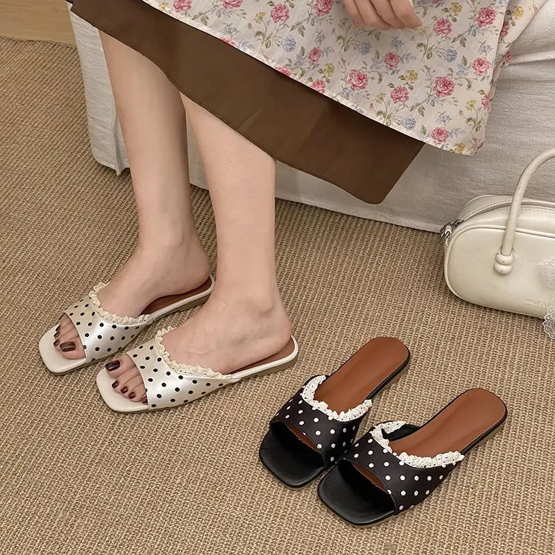 Summer Fashion Women Lace Polka Dot Slippers Concise Open Toe Slip