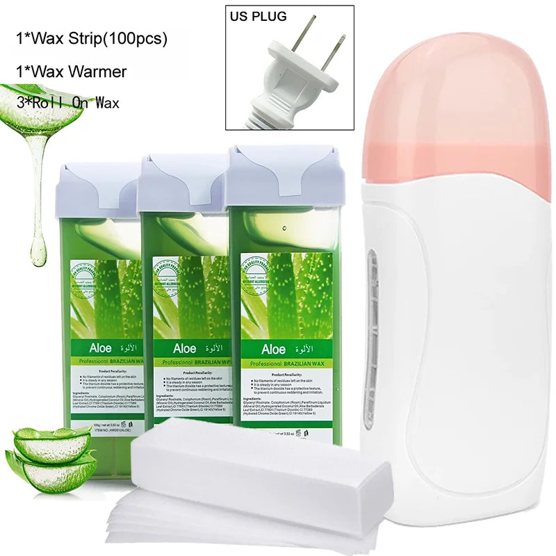 3-in-1 Roll-On Waxing Kit – Soft Wax Heater & Strips Unisex Roll-On Waxing Kit Zpaxo 072-W-US-AloeX3