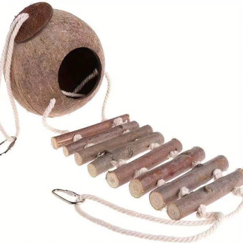 Parrot Natural Coconut Shell Bird Nest Climbing Ladder Cozy Hanging
