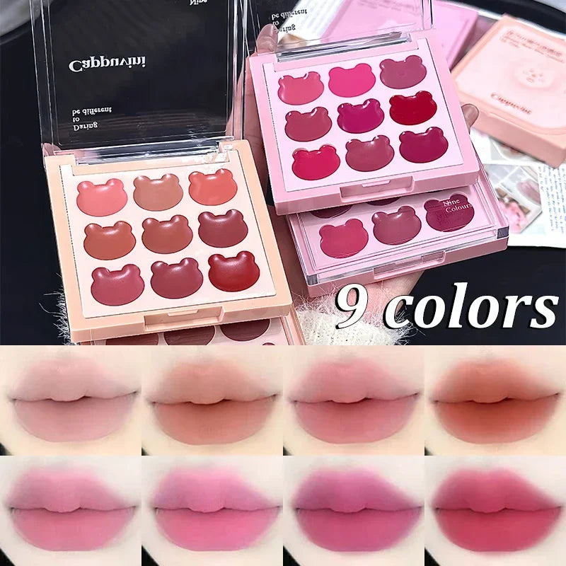 9Color Bear Lipstick Palette Lip Mud Matte Sweet Warm Colors Cheeks