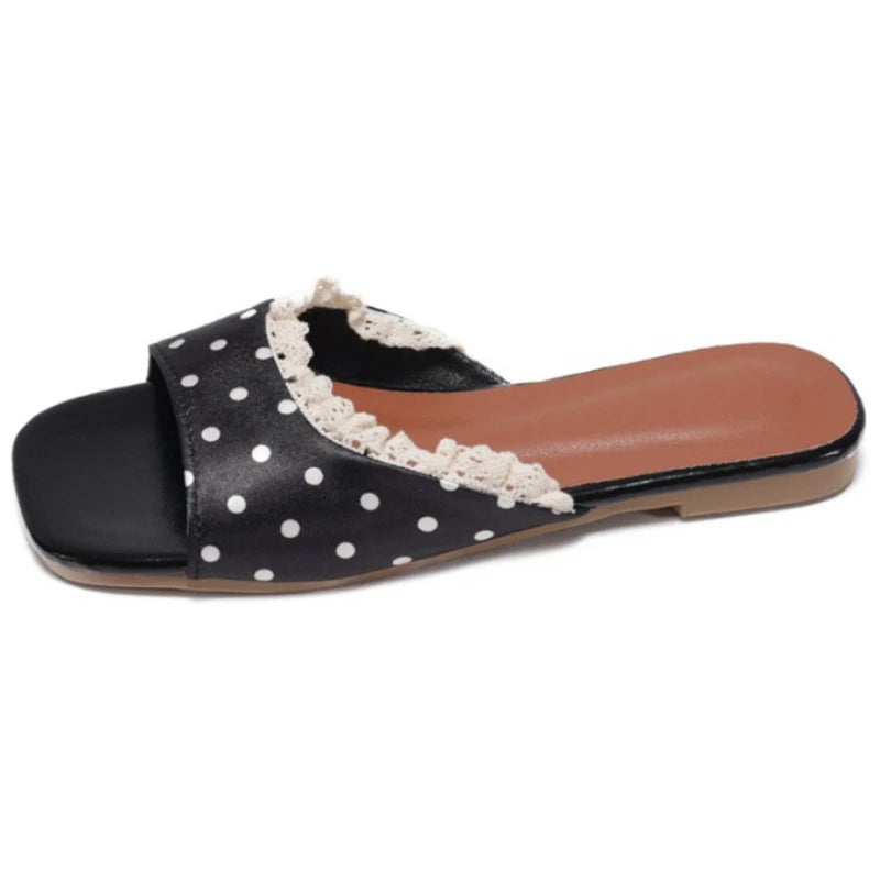 Summer Fashion Women Lace Polka Dot Slippers Concise Open Toe Slip