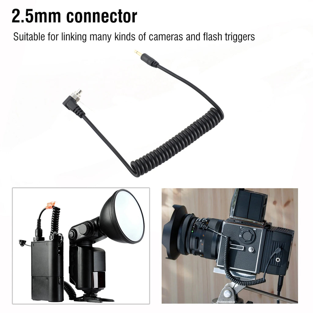 Camera Flash Sync Cable 2.5mm to Male Flash PC Sync Cable Cord with Screw Lock Extended Coiled Wire Zpaxo