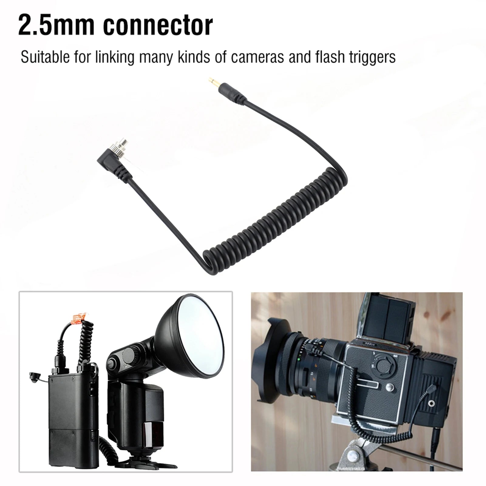 Camera Flash Sync Cable 2.5mm to Male Flash PC Sync Cable Cord with Screw Lock Extended Coiled Wire Zpaxo