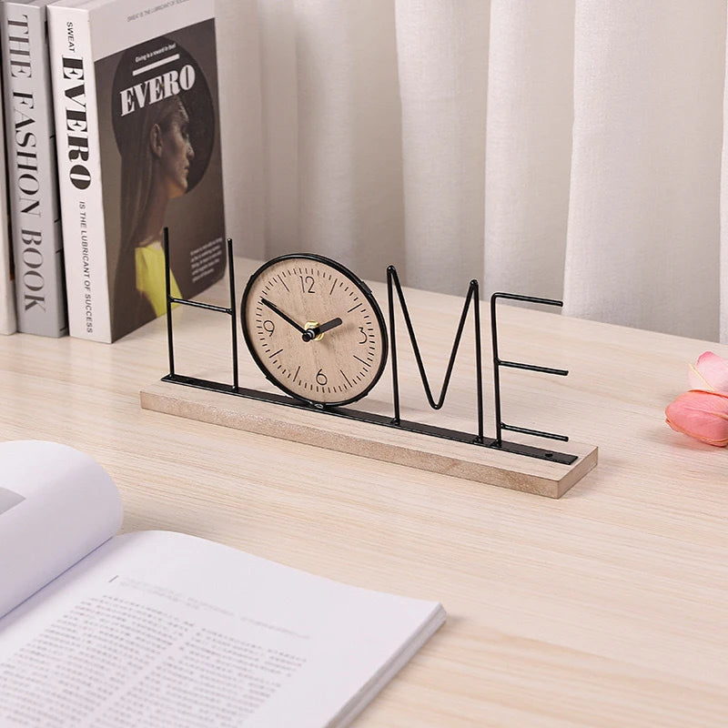 Nordic LOVE HOME Wrought Iron Wooden Table Clock Modern Letter Desk