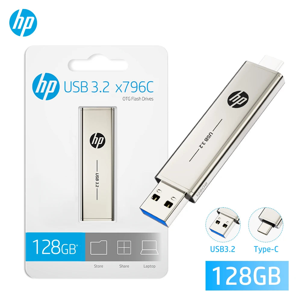 HP Metal USB 3.2 Flash Drive 2 in 1 Retractable Type-C OTG Pendrive 64GB 128GB 256GB for Computer Phone Zpaxo 2 in 1 128G