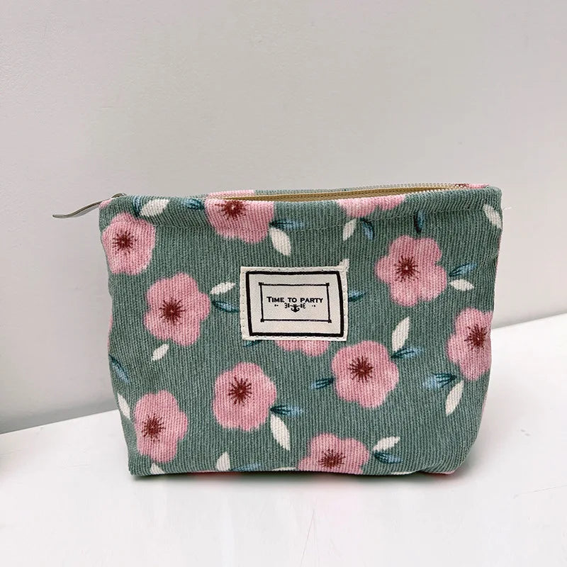 Women Flower Printed Corduroy Small Zipper Makeup Bag, Cosmetics Travel Storage Box, Portable Carry on Toiletry Bag, Makeup Bag Zpaxo C