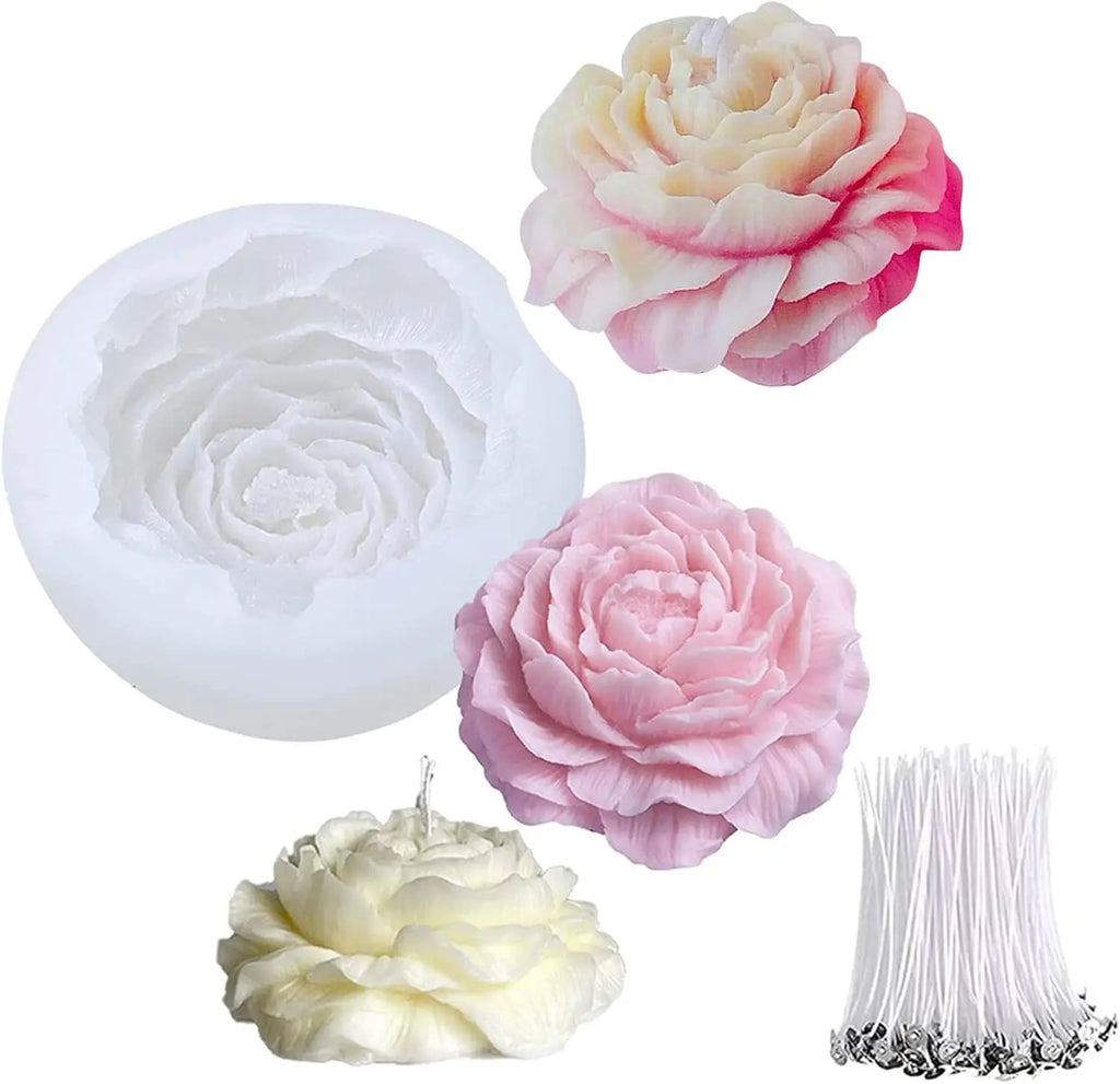 3D Peony Silicone Candle & Soap Mold Kit with 10 Wicks Candle Soap Mold Kit Zpaxo
