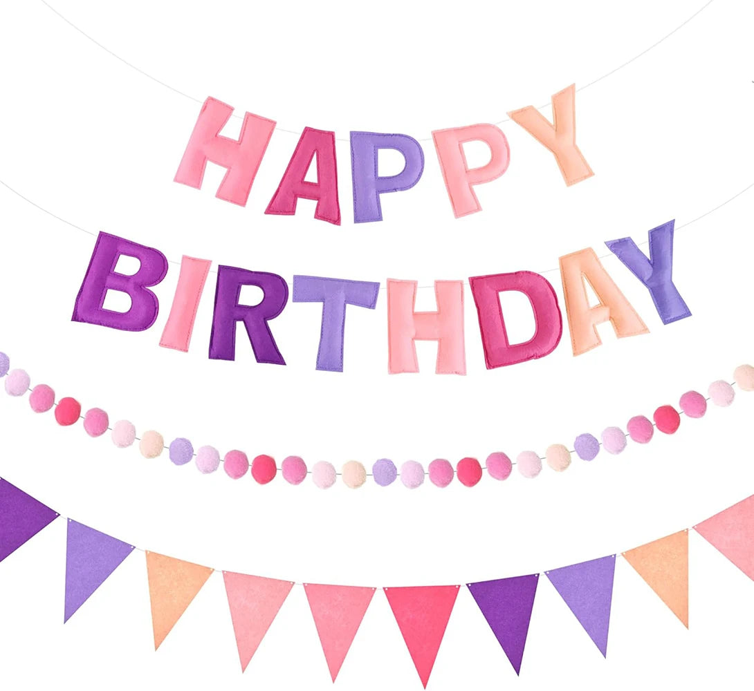 Felt Colorful Happy Birthday Banner Party Rainbow Fabric Garland Pom Zpaxo Pink purple