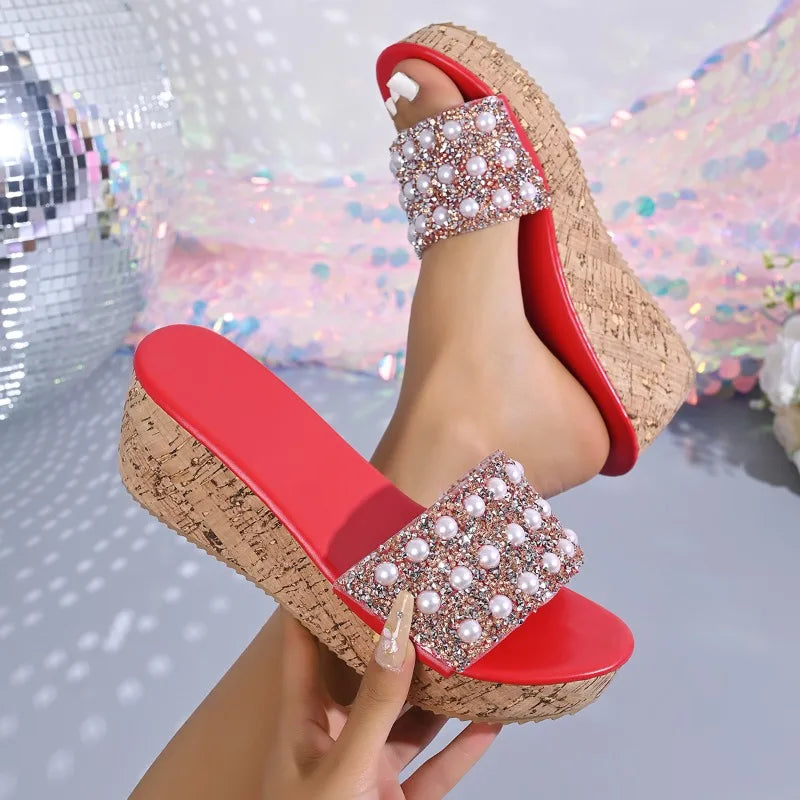 Women's Fish Mouth Open Toe Pearl Embellishment Wedge Heel Slippers Zpaxo Red 43