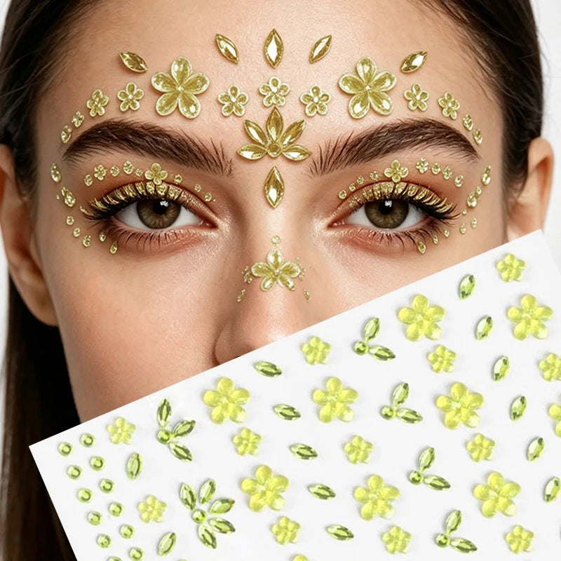 1/6 Sheet New Flower Face Sticker 3D Petal Rhinestone Eye & Face Tattoo Sticker Self Adhesive Crystal Jewel Diamond Stickers Zpaxo Yellow