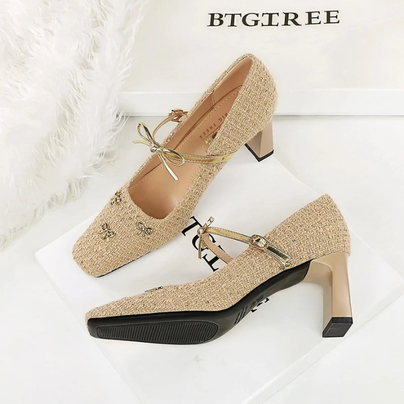 Tweed Heels Gold Bow Ankle Strap Block Heel Square Toe Elegant Pumps Zpaxo