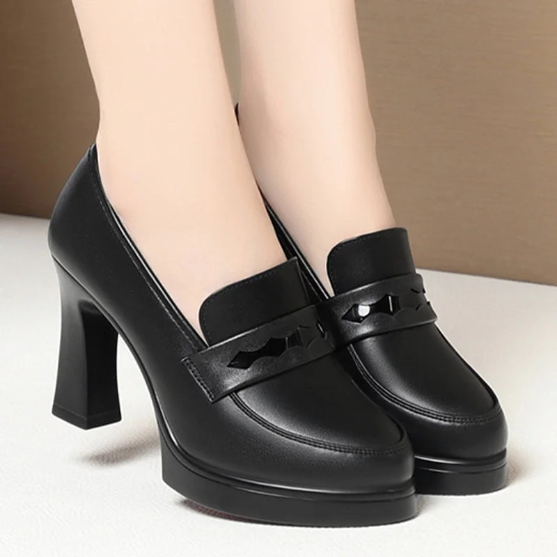Cheongsam Shoes Heels Work Women's Black Loafer Catwalk Leather Zpaxo