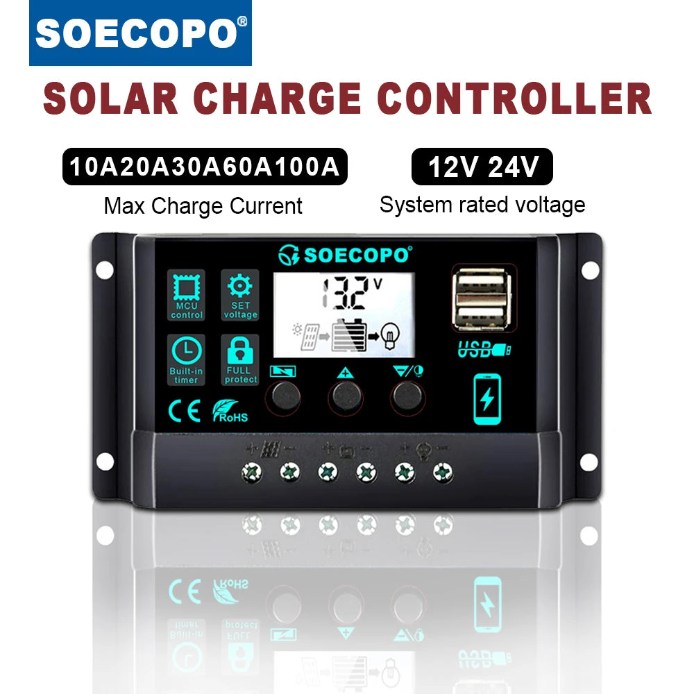 12V 24V 100A Solar Charge Controller Autoswitch LCD Display
