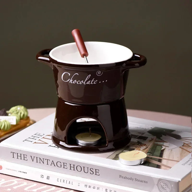 Ceramic Chocolate Melting Mug Set – Chafing Cup with Candle & Fork Ceramic Chocolate Mug Set Zpaxo 301-400ml Black - B