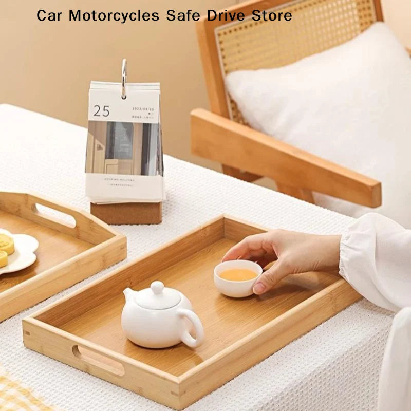 MJapanese-Style Serving Tray Bamboo Handles Rectangular Tea Breakfast