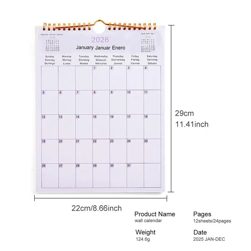 2026 Calendar Decorative Multilingual Coil Calendar 12 Month Modern Decorative Planner for Bedroom Dormitory Apartment Family Zpaxo A