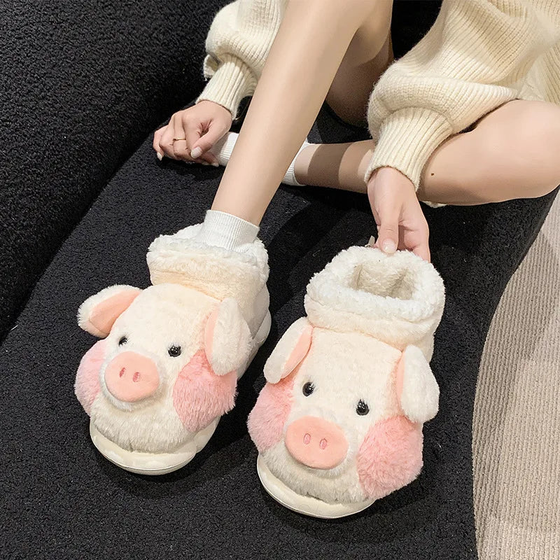 SHAJI Women Cute Cartoon Pig Plush Slippers Autumn Winter Thick Sole Zpaxo