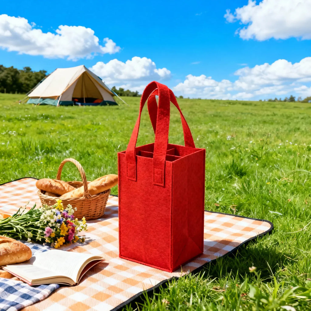 Red Wine Bag Felt Bottle Carrier Holds 4 Bottles Reusable Portable