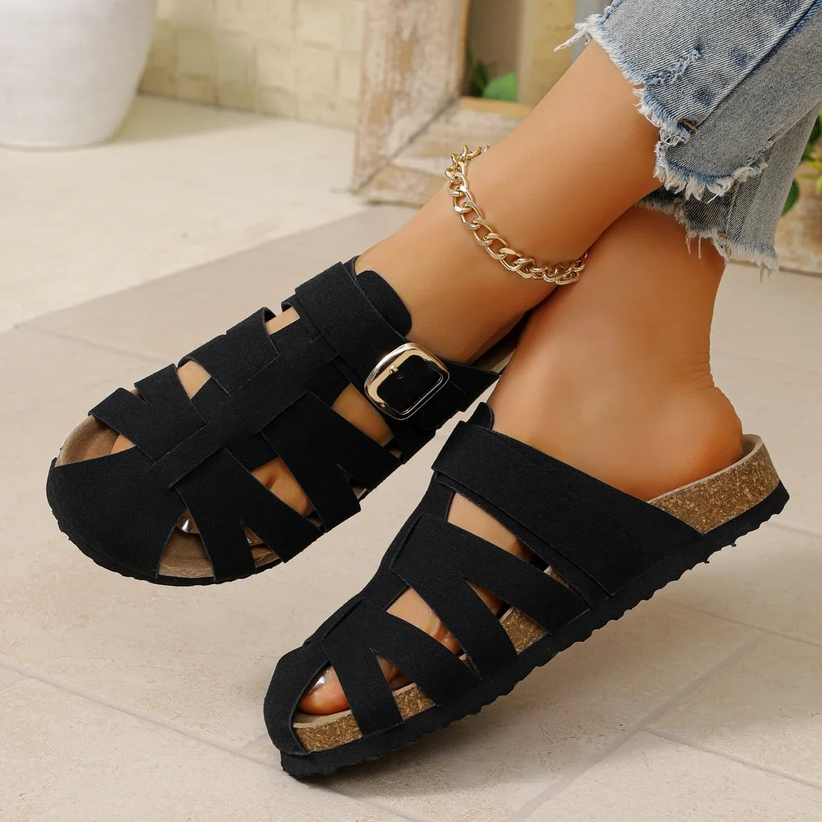 Women Slippers 2025 Large Flat Bottom Summer Roman Sandals Outdoor Zpaxo black 35