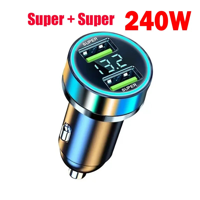 240W Car Charger Dual USB Port 12V Fast Charging For iPhone Samsung Xiaomi Quick Charge Adapter With Digital Display Car Charger Zpaxo 240W car charger
