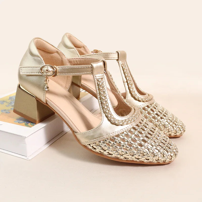 Silver Metallic Woven Hollow Out Sandals T-strap Buckle Closure Round Zpaxo