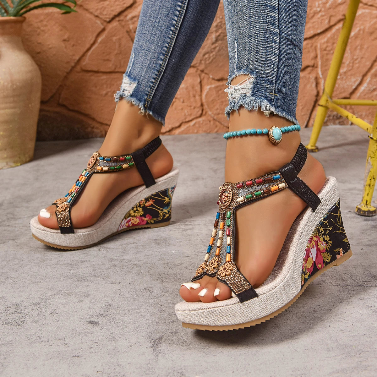 Women Sandals Heels Shoes Summer Beach Bohemian Wedge Platform Zpaxo black 36