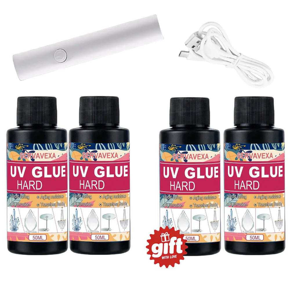 30/50/105ml SERVAVEXA UV Glue Hard Kit Rapid Curing Transparent Adhesive with USB UV Lamp for Glass Crystal Jewelry Craft DIY Zpaxo 200ml
