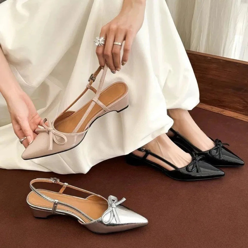 2026 Summer Women's Pointed Sandals Middle Heel Single Belt Lacquer