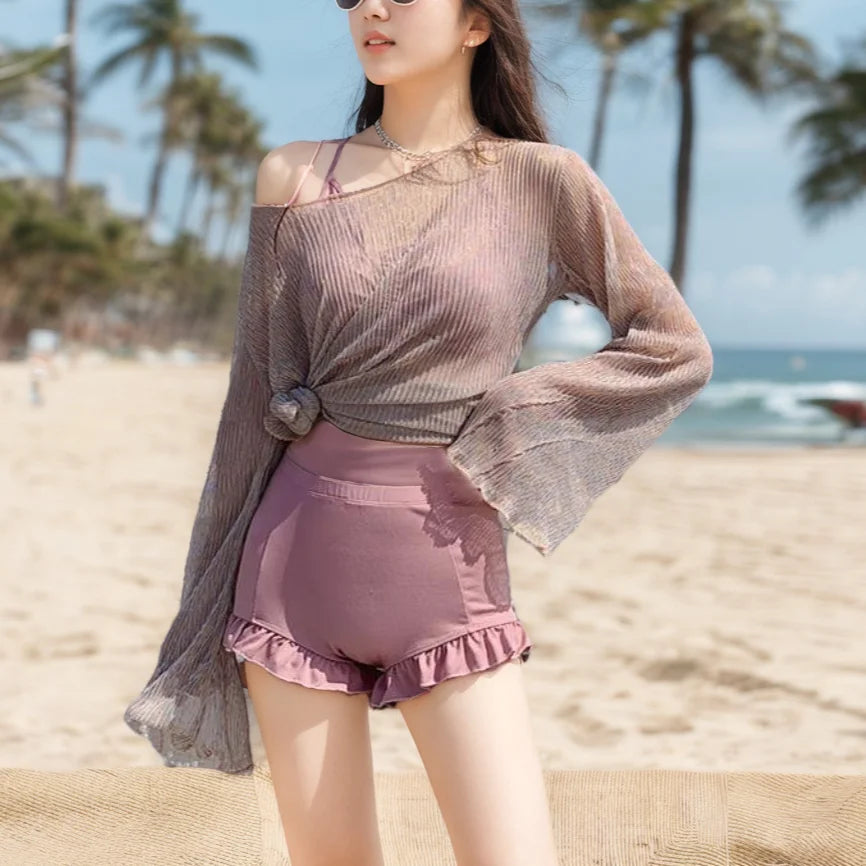 Swimming Suit for Women Solid Color Slimming One-piece Dress Style Conservative Waist Tightening Slimming Vacation Swimsuit Zpaxo B pink 3pcs XL