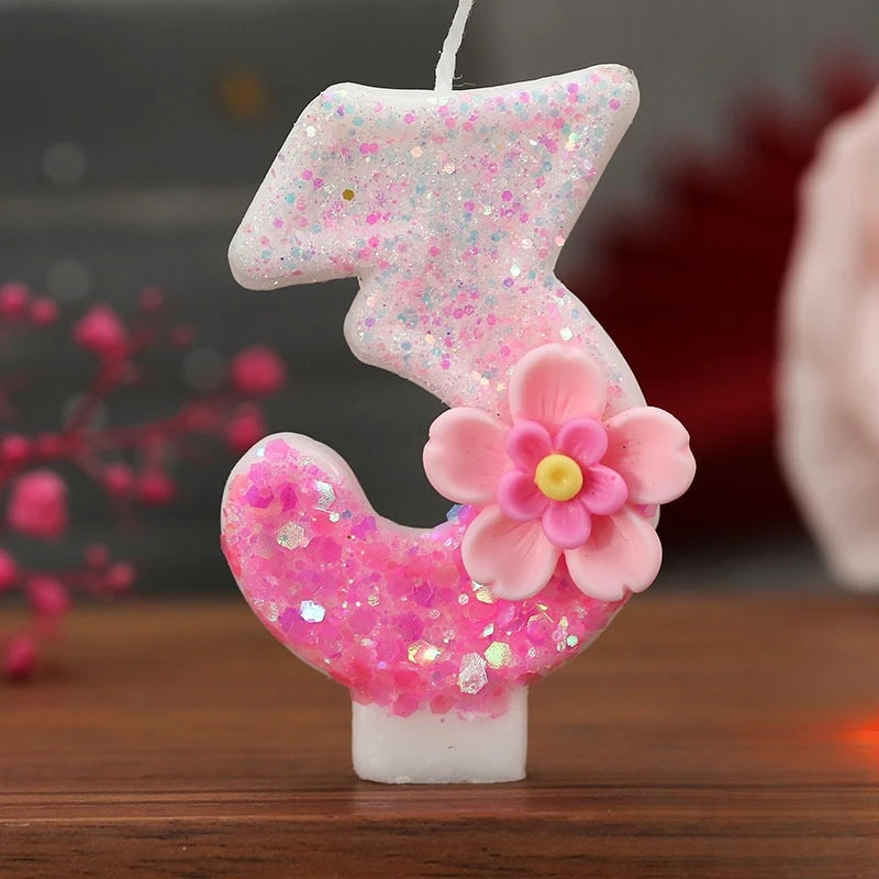 Creative Birthday Candles Pink Gradient Glitter Flower Number Cake Zpaxo numeber 3 B15029D