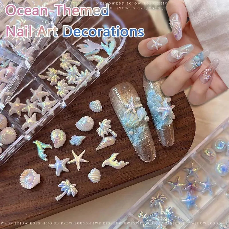 Mixed Summer Aurora Shell Nail Rhinestone Ocean Theme Starfish Coconut Tree Resin Nail Charm Decoration DIY Manicure Accessories Zpaxo